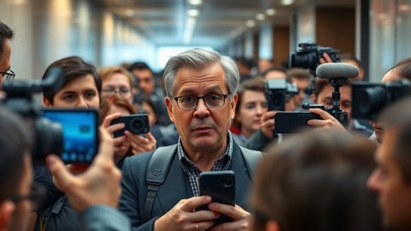 DHS Shutdown Looms: Journalists surround figure in hallway.