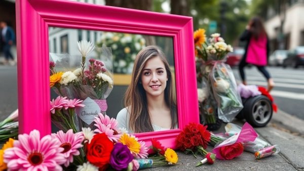 Memorial with photo frame and offerings on road.