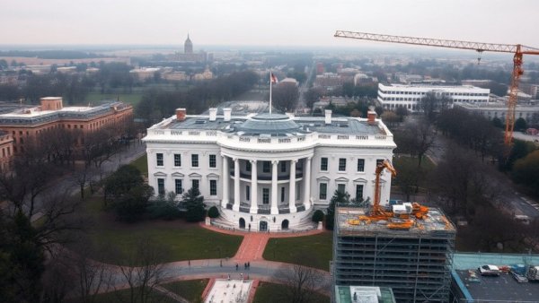 Aerial view of White House with adjacent construction work, showcasing plans for Trump's ballroom.