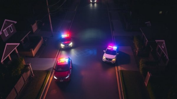 Aerial view of police response at night in residential area related to Nancy Guthrie disappearance.