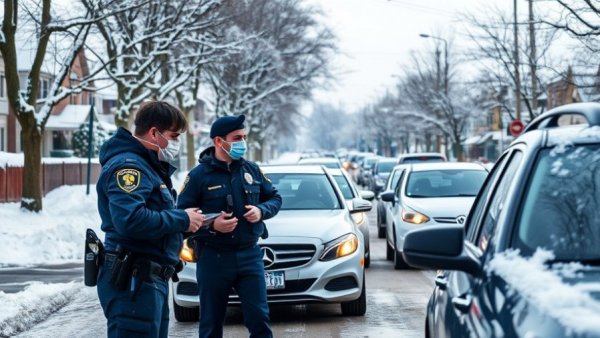 Officers in masks conduct checks on snowy street, Homeland Security Shutdown.
