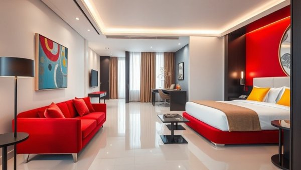 Modern luxury hotel suite with red and yellow decor, cozy and sleek.