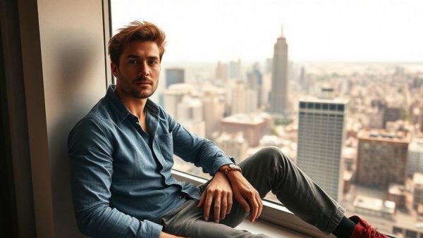 Casual confident man in office connected to Transamerica Pyramid Sale, seated by a large window.