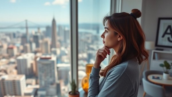 Young woman in San Francisco apartment with skyline view, housing stability context.