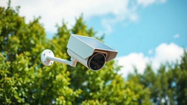 Solar-powered surveillance camera near trees, showcasing Flock Safety surveillance data sharing.