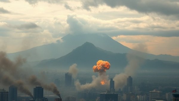 Smoke and flames rise over cityscape, related to Trump's War of Choice With Iran.
