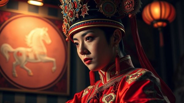 Traditional performer with ornate costume reflecting year of the fire horse.