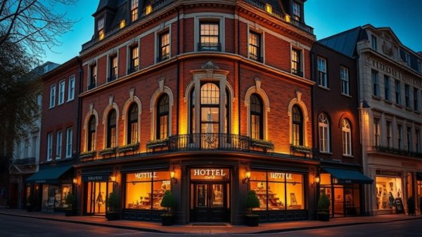 Boutique hotels near me: stunning historical hotel facade at dusk.