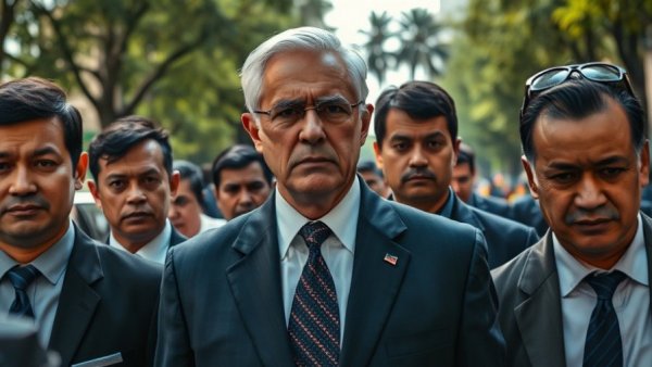 Businessman at trial walking with security, outdoor scene.