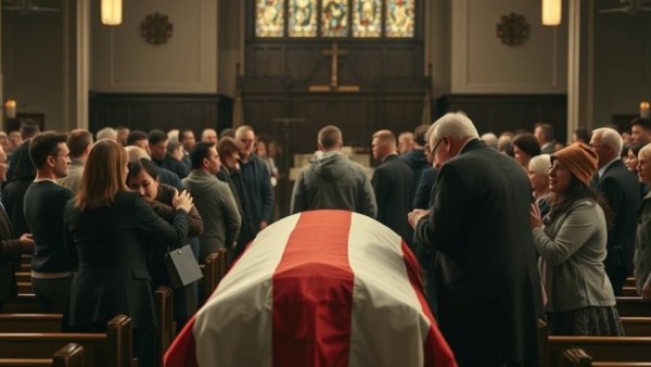 Mourners gather in church honoring fallen soldier, pain of combat deaths.