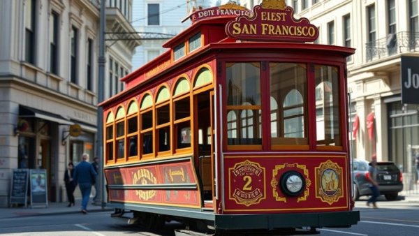 Decorated San Francisco cable car traveling down a city street.