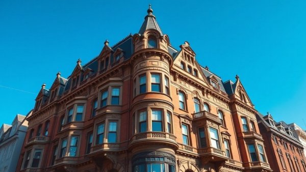 Victorian boutique hotel exterior in vibrant tones under a clear sky.