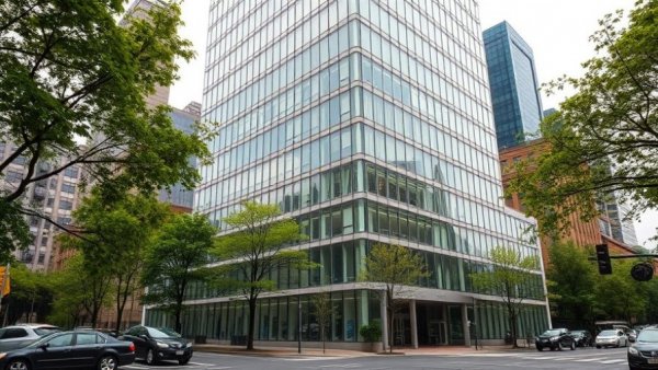 San Francisco public safety building with glass facade and trees.