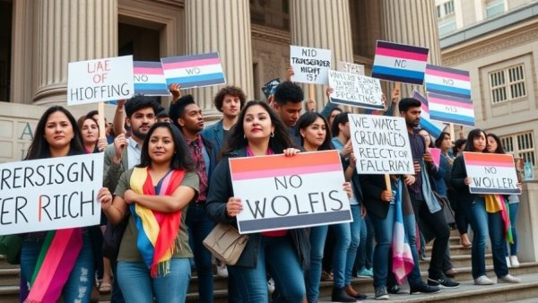 Protesters advocating transgender rights, diverse group holding signs.