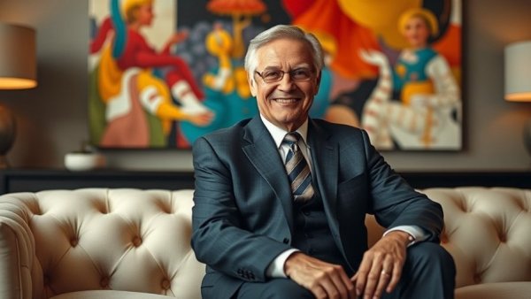 Older man in luxury hotel lounge, smiling confidently.