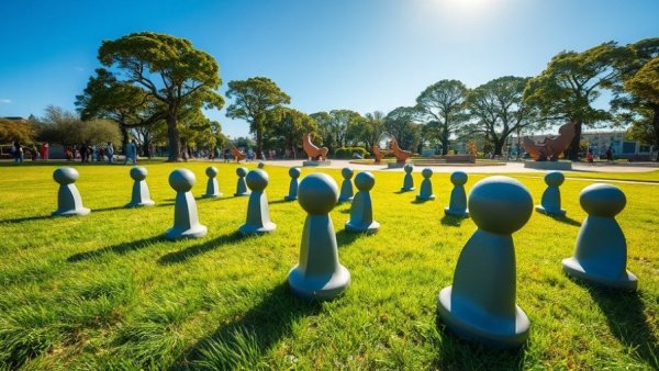 Modern public art sculptures at JFK Promenade against clear sky.