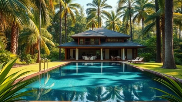 Luxurious boutique hotel villa with pool in lush forest.