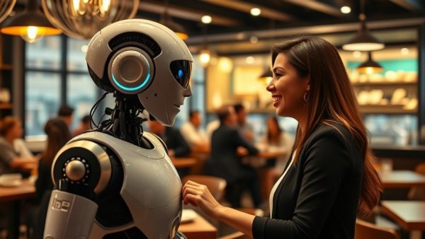 Robot dining experiences in a lively restaurant setting.