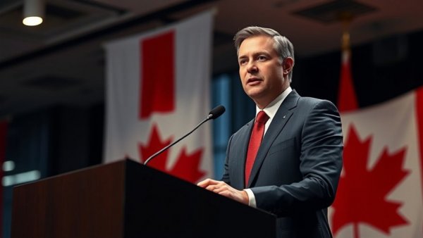 Canadian official delivers speech on space launch with flag backdrop.