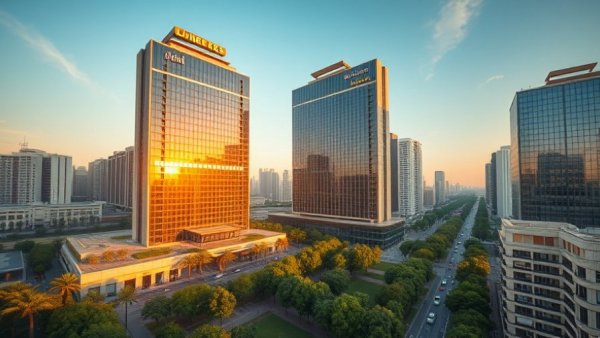 Luxurious high-rise boutique hotels in modern cityscape at sunrise.