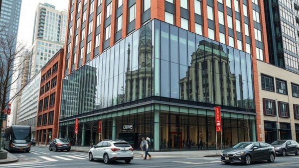 Modern building with glass facade in urban setting under cloudy skies.