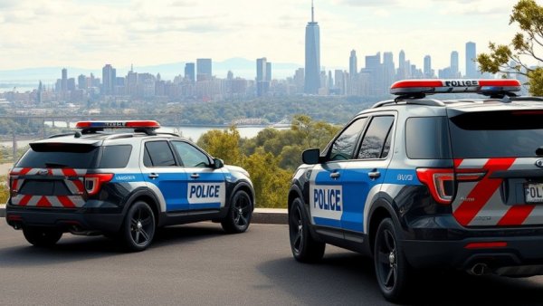 Police SUVs overlook city, relevant to license plate theft in Oakland.
