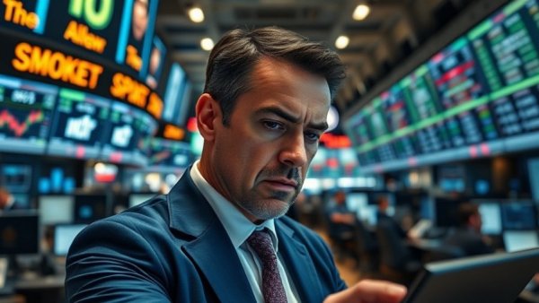 Trader at Wall Street showing stress as screens display a downturn.