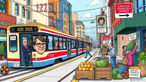Cartoon illustrating San Francisco District 4 supervisorial race with candidates and local icons.