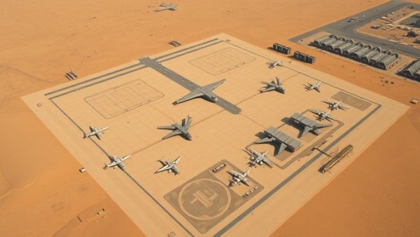 Aerial view of airbase amidst desert for Iranian missile attack context.