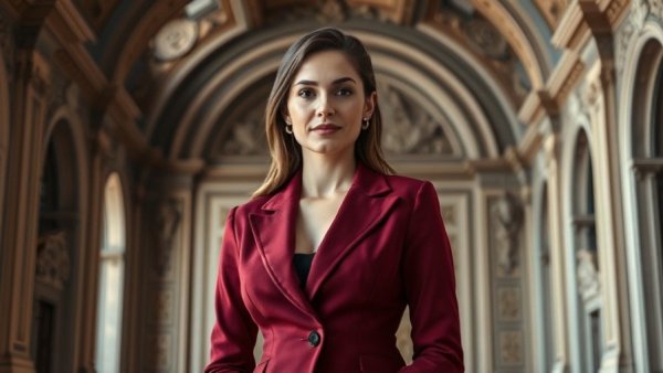 Confident woman in San Francisco political setting, elegant interior.