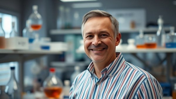 Smiling man in striped shirt in a lab, activist investor strategies concept.
