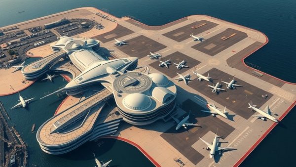 Aerial view of SFO airport highlighting runways and terminals.