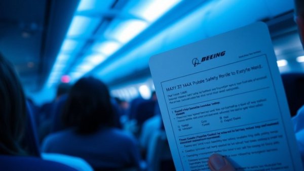 Boeing 737 MAX8 safety card in airplane cabin with blue lighting, illustrating aviation safety.