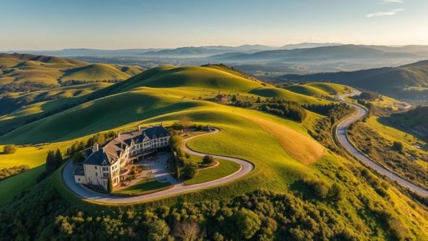 Aerial view of boutique hotel in scenic valley landscape.