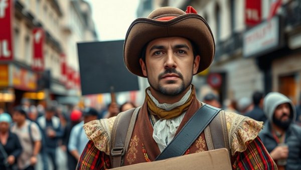 Protestor in costume holds sign against Trump in city protest, grassroots opposition.