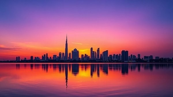 Middle East skyline at sunset, vibrant reflections in calm water.