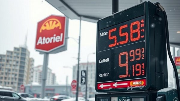 Urban gas station sign displaying high fuel prices amid snow.