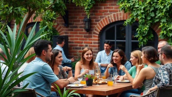 Volunteer travel programs group dining outdoors with lively discussion.