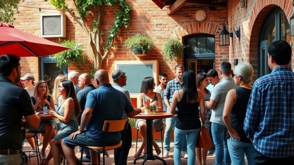 Diverse group enjoying travel experiences abroad at a restaurant.