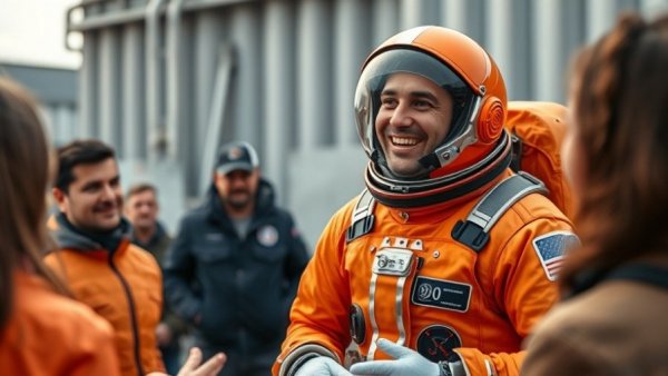 Astronaut in orange spacesuit engaging with crowd, historic space-to-Earth video call.