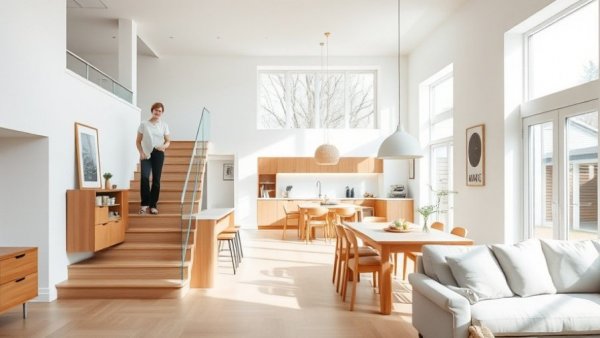 Modern San Francisco home interior with person and Scandinavian decor.