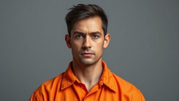 Serious individual in orange jumpsuit, Rideshare Rapist Conviction.