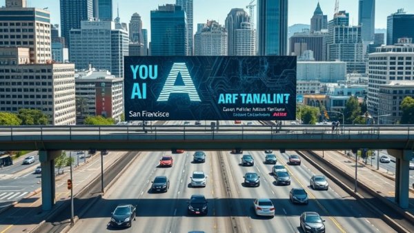 Aerial view of San Francisco highway with AI billboard and cars.