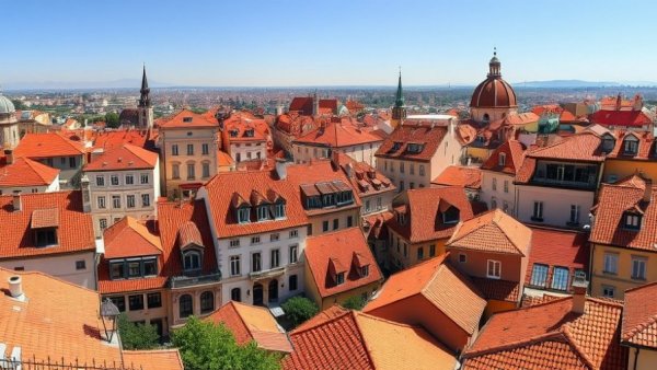 Panoramic view of historic cityscape with luxury boutique hotels.