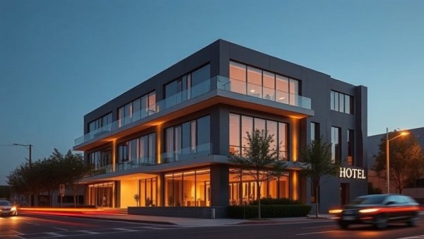Contemporary luxury boutique hotel exterior at twilight, sleek design.