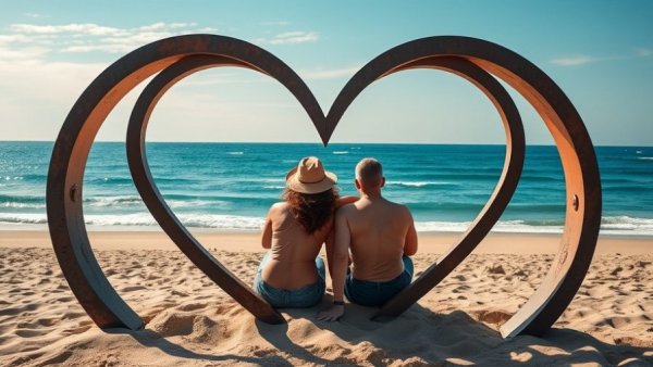 Heart sculpture on beach during Sunset Dunes anniversary community visit.