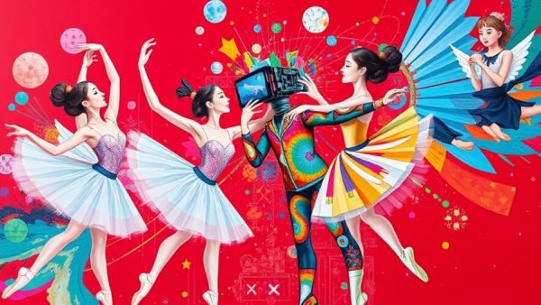 Abstract collage: ballet dancers and tech on red