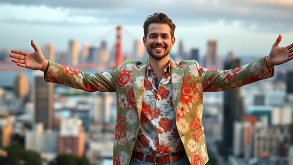 San Francisco real estate expansion backdrop with man posing in floral jacket.