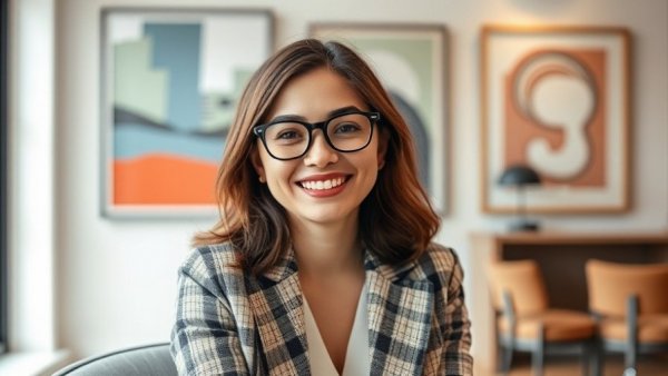 Young woman smiling in modern art background, luxury boutique hotels theme.