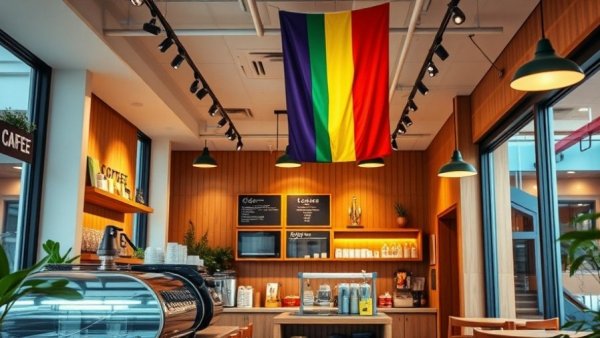 Philz Coffee shop interior with pride flag and lights.